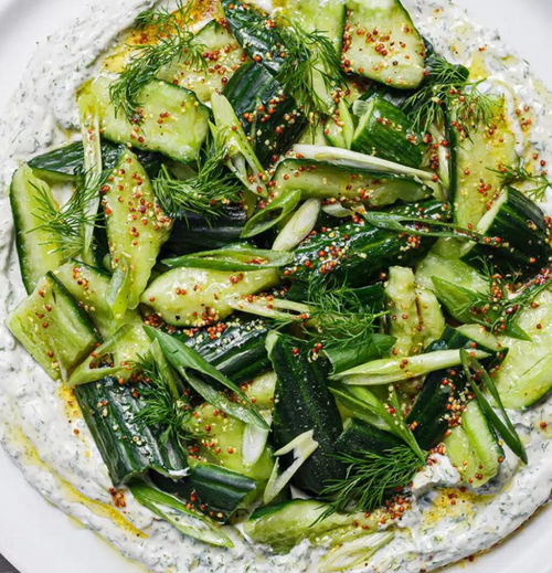 Bashed Cucumber Salad Over Yoghurt Sauce