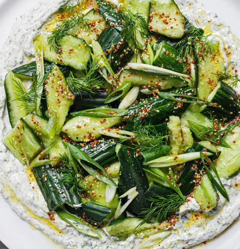 Bashed Cucumber Salad Over Yoghurt Sauce
